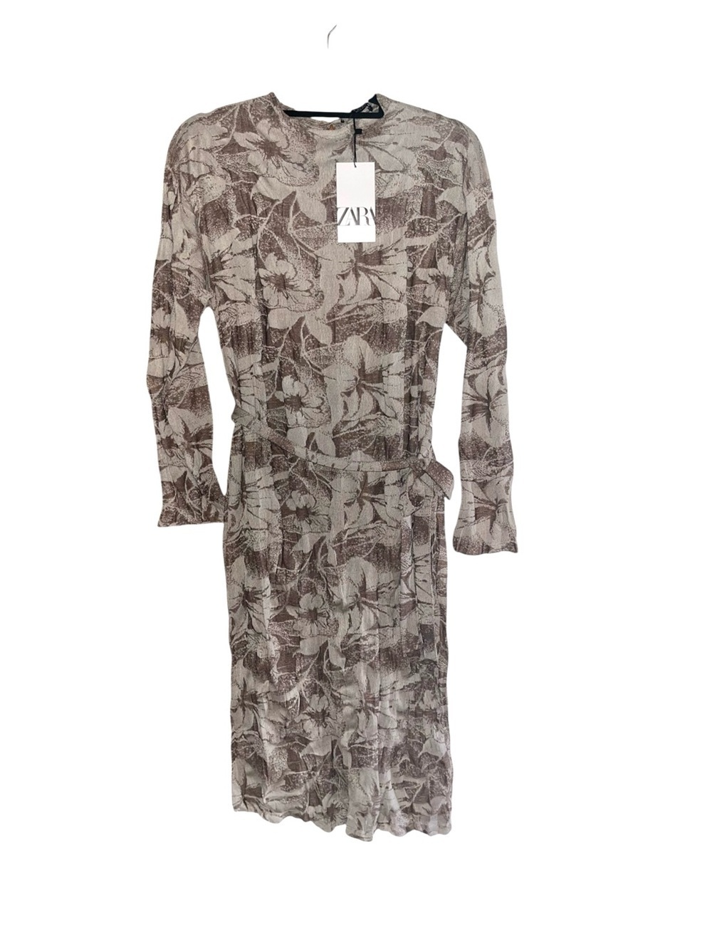 NWT ZARA Brown & Cream Floral Belted Long Sleeve Dress Size S